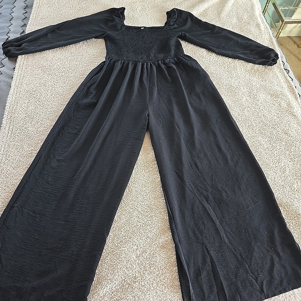 Dokotoo Overalls Jumpsuit One-piece Wide Leg Long Pants Sz XL NWT Black‎ Smocked
